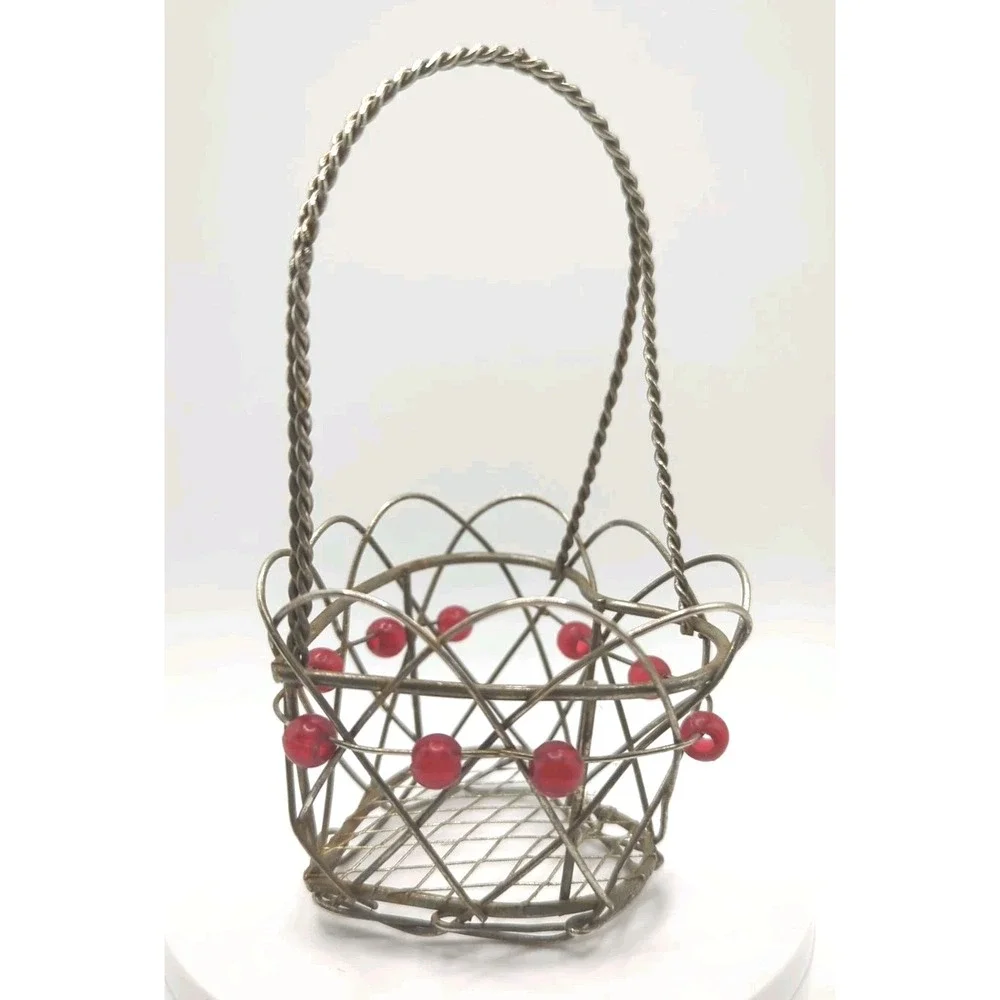 Vintage Heart Shape Mini Metal Wire Basket Red Beads Boho Valentine Decor